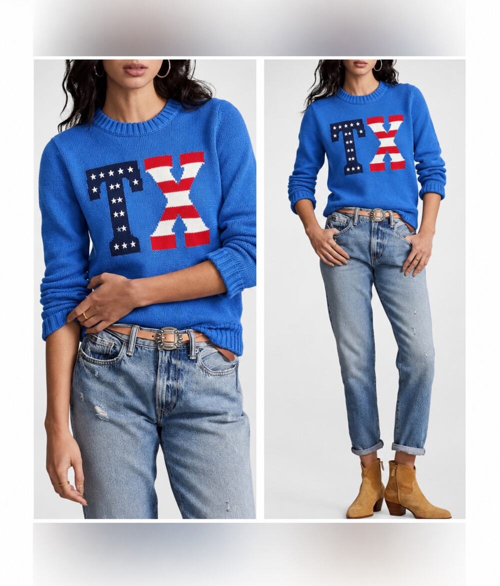 Texas TX Americana Flag 100% Cotton Sweater Blue L NWT Coastal Patriotic Casual
